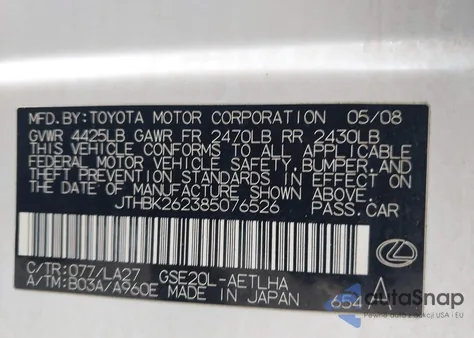 2008 Lexus Is 250 z USA, uszkodzony, nr VIN JTHBK262385076526